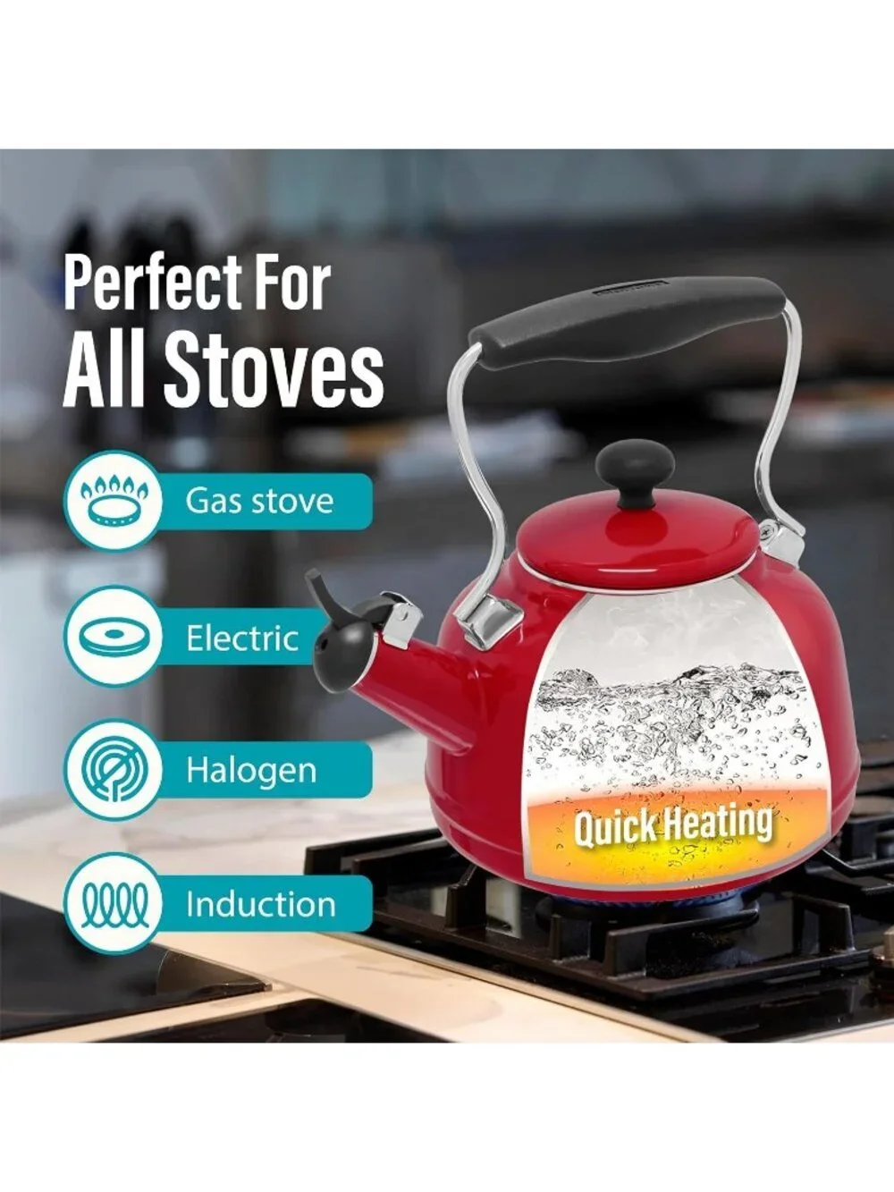 Chili Red Kitchen Whistling Tea kettle 1. 7Quart Enamel Stainless Steel Pot